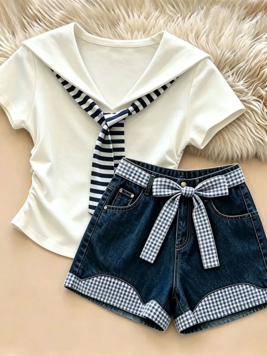 Summer Clothing Kids - Dziewczęcy letni zestaw: dżinsowe szorty i