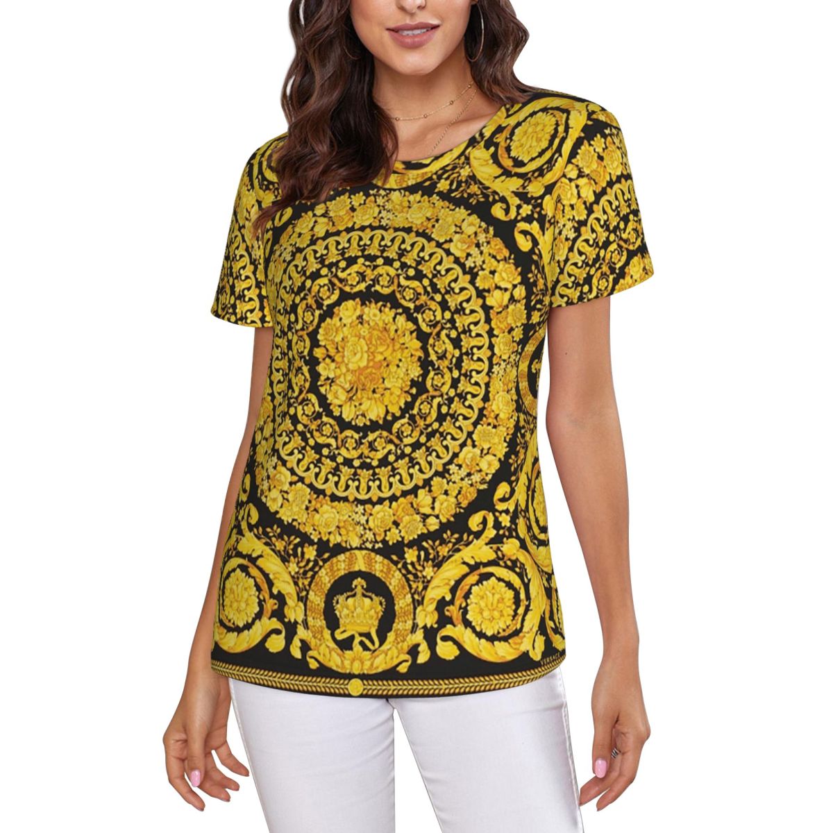 Summer Clothing For 60 Year Old Woman - Dekoracyjna Złota Medalionowa Koszulka Barokowa Damska