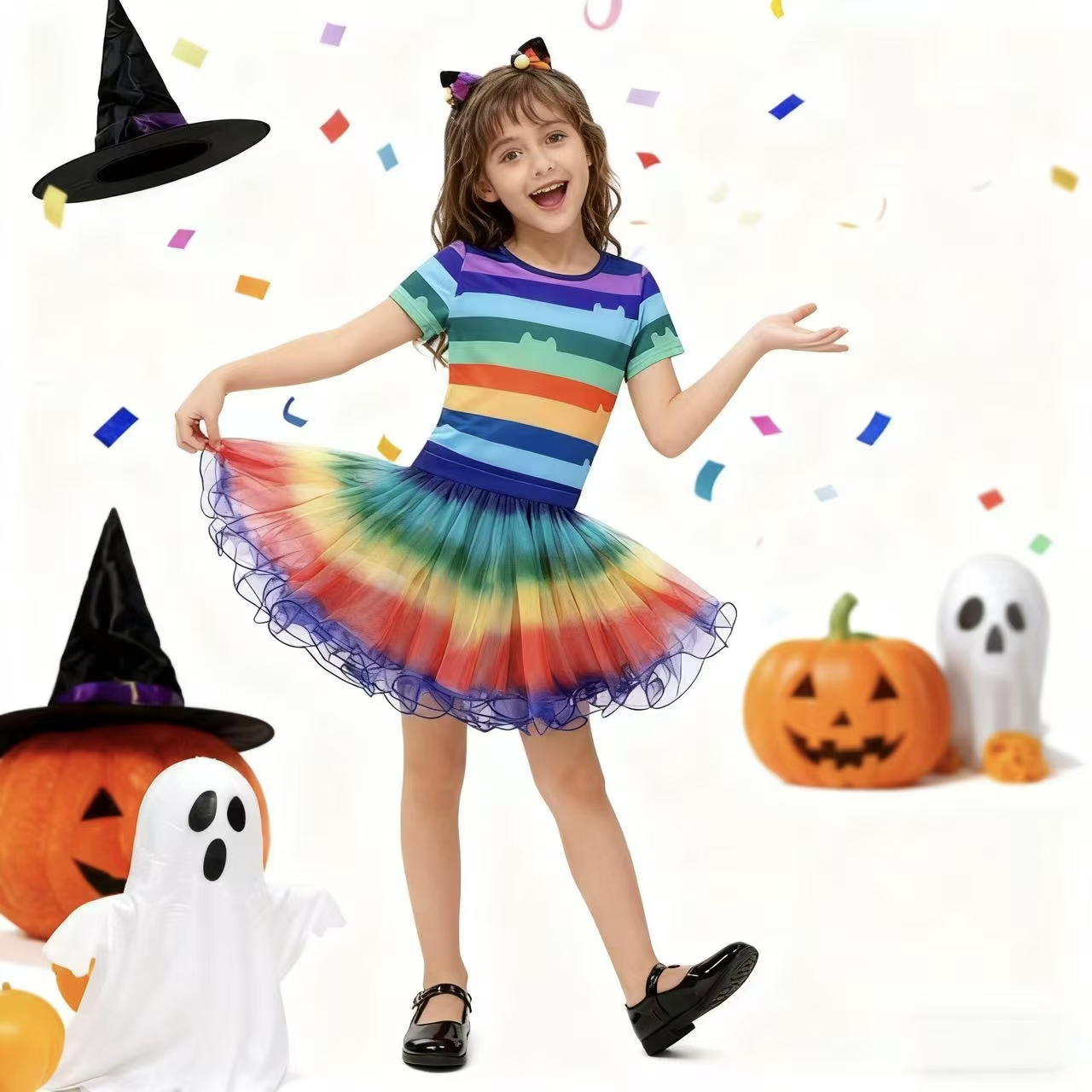 Summer Clothing Kids - Dziewczęcy zestaw: T-shirt w tęczowe paski,