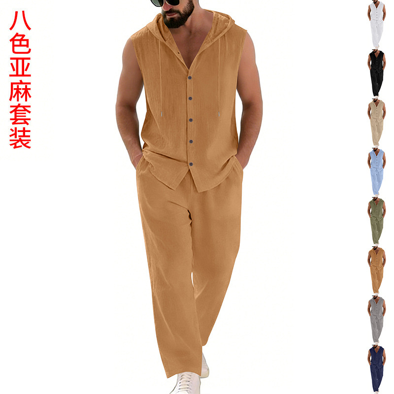 Summer Clothing - Męski lniany komplet casualowy: bluza z